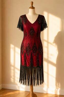 Fundaisy Gatsby Flapper Fringe Dress Red Black Sequin Whimsigoth Size XL